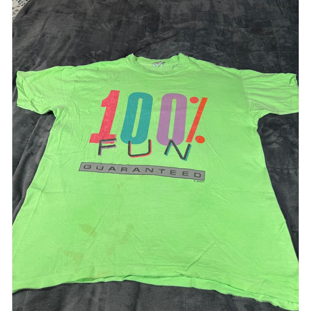 Vintage 1988‎ Tee 100% Fun Guaranteed Graphic T-Shirt Neon Green Large